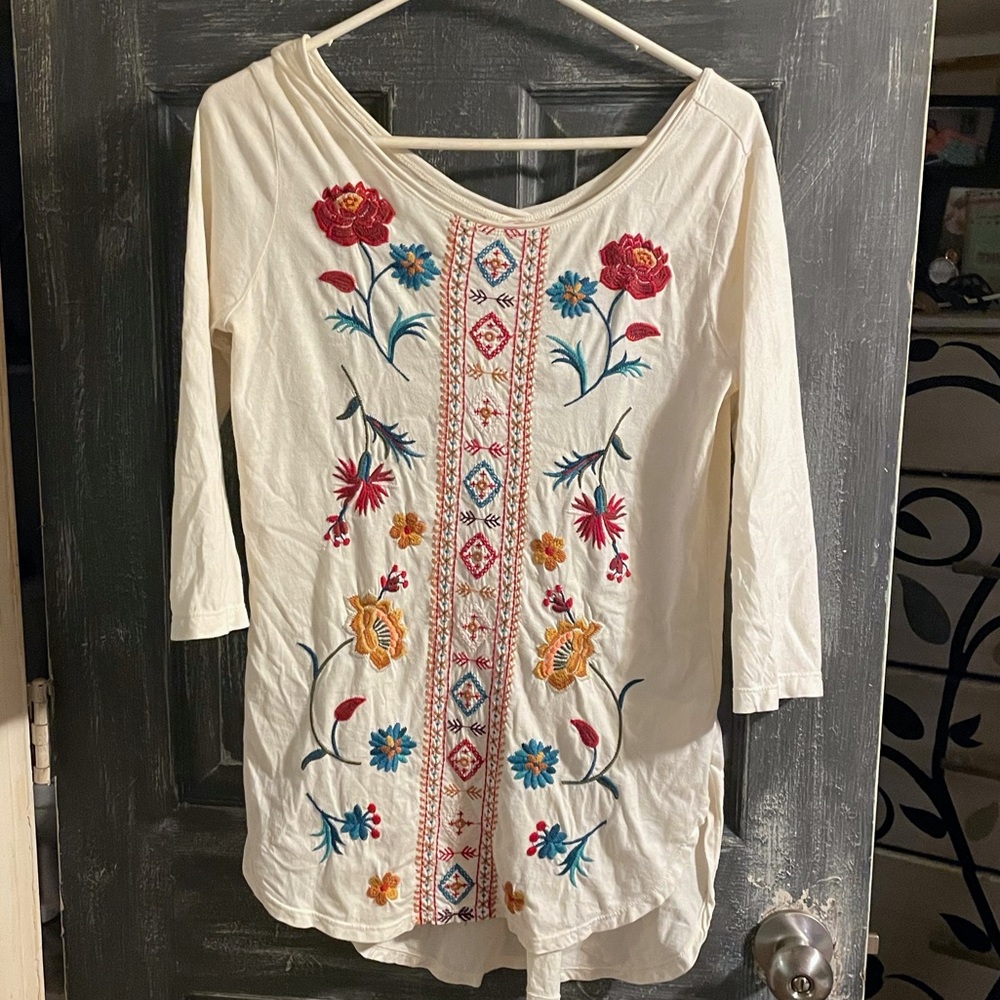 Johnny Was Cream Embroidered Blouse Top Size XS